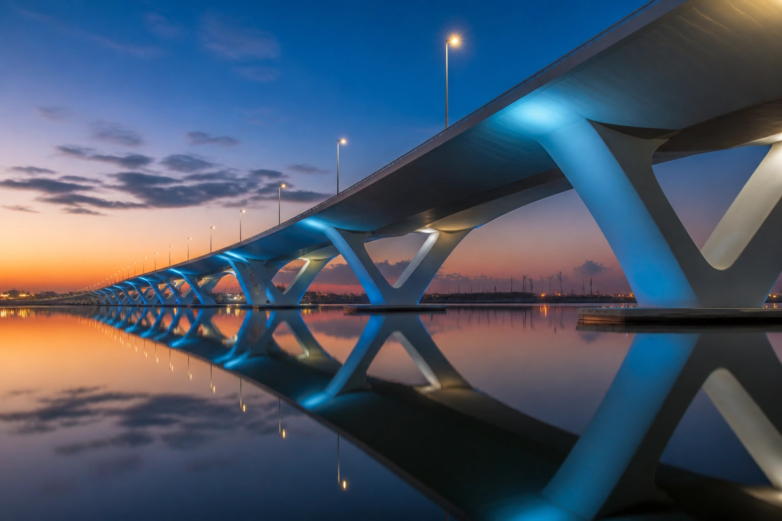 Sheikh Zayed Bridge at dusk, symbolizing global connectivity and the UAE international treaty network.